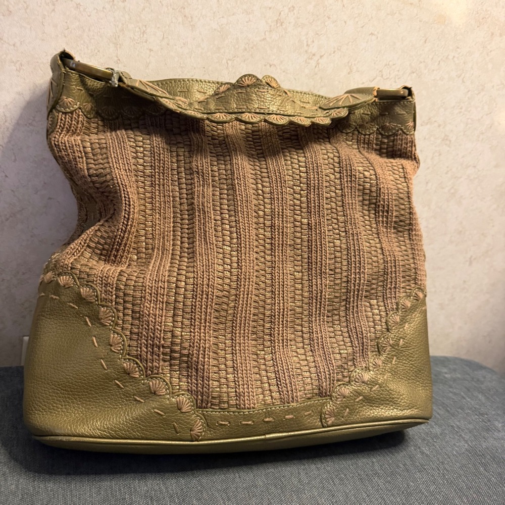 Isabella Fiore Gold Metallic Leather Knit Hobo Bag Scalloped Embroidered Boho